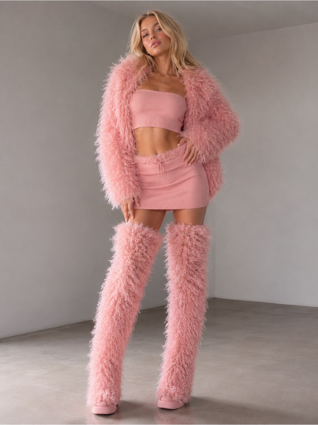 Azalea Wang Templeton Pink Furry Thigh-High Boots Nib